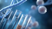 Laboratory test tubes with genetic research samples against DNA helix structure background in blue tones, scientific molecular analysis concept.
