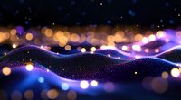 Glowing digital wave with particles and bokeh lights flowing on dark background creates futuristic technology visualization effect in purple and gold tones.