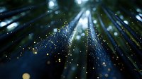 Magical forest sunbeams streaming through tall trees with floating golden particles and bokeh light effects creating mystical atmosphere.