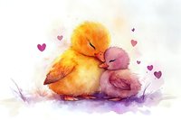 Watercolor illustration of two cuddling baby ducks in yellow and pink, surrounded by heart shapes, expressing tenderness and love on soft purple background.