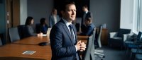 Confident businessman in dark suit standing in modern office boardroom with team meeting in background for corporate leadership presentations.
