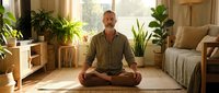 Middle-aged Caucasian man practicing meditation in lotus position on yoga mat in bright modern living room with houseplants and natural sunlight streaming through windows.