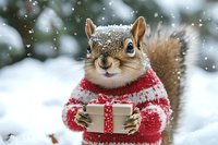 Adorable squirrel wearing red knitted sweater holding gift box in snowy winter scene for holiday greeting cards and seasonal marketing campaigns.