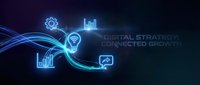 Glowing neon icons representing digital strategy, connected growth, and business analytics flow across dark background for corporate presentations and marketing materials.
