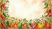 Colorful chili peppers and foliage frame a warm, neutral background, creating a vibrant border design suitable for culinary content, recipe cards, and food-related marketing materials.