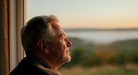 Mature man with gray hair and light complexion gazing thoughtfully out window at scenic landscape during golden hour, conveying contemplation and peaceful solitude.