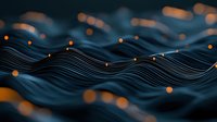 Abstract digital waves with glowing orange particles floating above dark blue undulating lines create dynamic flowing motion against black background.