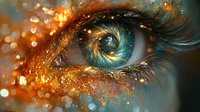 Magical eye with turquoise iris surrounded by golden glitter and sparkles, artistic macro photography with bokeh effect and fantasy makeup art concept.