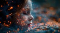 Futuristic female profile with digital particle effects merging human and technology elements, glowing orange and blue bokeh background perfect for AI and innovation concepts.