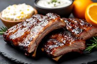 Grilled pork ribs glazed with sweet and sticky barbecue sauce, served on black slate with fresh oranges, rosemary garnish and creamy dipping sauce.