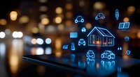 Smart home automation concept with glowing blue icons floating above digital tablet screen against blurred city lights background at night. Modern IoT technology.