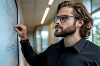 Young bearded Caucasian businessman wearing glasses and black shirt writes on whiteboard in modern office space. Side profile shows focused expression and stylish appearance.
