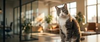 Adorable tabby and white cat sitting in modern office space with large windows and warm natural lighting creating cozy workplace atmosphere.