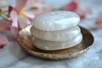 White soap bars stacked on golden plate with soft pink floral elements in background creating serene spa atmosphere for wellness and beauty content.