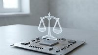 White scales of justice symbol on computer circuit board representing legal technology and digital law concepts in modern office setting.