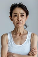 Middle-aged Asian woman in white tank top with serious expression and crossed arms against light background, conveying strength and determination.