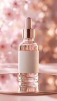 Luxury rose gold serum bottle with dropper on reflective surface against soft pink bokeh background for premium skincare and beauty product marketing.