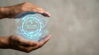 Male hands protecting glowing secure warranty hologram with digital icons representing cybersecurity protection and guarantee services for business technology.