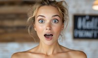 Young Caucasian woman with blue eyes and blonde hair expressing genuine surprise with open mouth and wide eyes against blurred rustic background. Natural makeup and bare shoulders.
