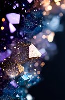 Magical floating geometric shapes with glitter and bokeh effects on dark background create dreamy atmosphere in purple and blue colors. Perfect for fantasy designs.