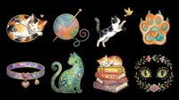 Cute cat clipart set isolated on transparent background, featuring sleeping cats, paw print, yarn ball, floral wreath, and collar. Great for stickers, t-shirt design, and print on demand.