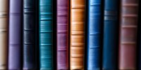 Row of vintage hardcover books spines in different colors arranged on shelf, creating gradient pattern with selective focus for library and education concept.