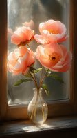 Soft coral peonies in glass vase on windowsill with gentle sunlight streaming through, creating dreamy atmospheric mood with delicate shadows and warm glow.