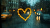 Golden heart drawn on rainy window glass with blurred city lights in background, creating romantic urban atmosphere during rainfall.