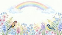 Watercolor spring garden border with rainbow, goldfinch and blue tit birds among wildflowers, ferns and blooming plants on white background.