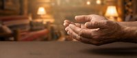Elderly hands cupped in prayer or meditation gesture in warm cozy home interior with soft lighting creating peaceful spiritual atmosphere for wellness concepts.
