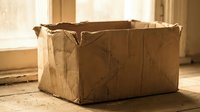 Empty worn cardboard box on wooden floor in sunlit room ready for packing moving storage shipping delivery or recycling purposes.