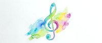 Colorful watercolor treble clef with flowing musical notes and vibrant paint splashes in rainbow hues, perfect for music education, creative projects, and artistic designs.