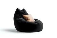 Black bean bag chair with beige cushion on white background, modern furniture piece isolated for interior design and home decor projects.