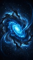 Luminous spiral galaxy with glowing blue nebula and swirling cosmic dust clouds against starfield. Suitable for science, astronomy, and space exploration backgrounds.