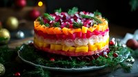 Festive layered vegetable salad with herring, beets, carrots, potatoes, eggs and onions on dark background with Christmas decorations and fresh herbs.