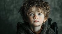 Young homeless child with messy hair and worn clothing looking directly at camera with sad expression conveying poverty and social issues for awareness campaigns.