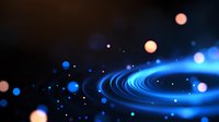 Glowing blue spiral with luminous particles and bokeh lights on dark background creates magical cosmic atmosphere for abstract space designs.