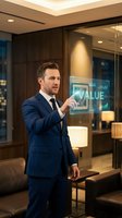 Professional businessman in navy suit interacting with holographic VALUE display in modern office environment for business presentations and technology concepts.