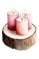 Three pink burning candles on wooden tree stump slice, romantic spa and wellness composition with soft gradient colors and gentle flame light.