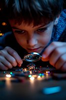 Young boy examining tiny electronic components through magnifying glass with colorful bokeh lights creating magical atmosphere. Curiosity and discovery concept.