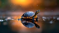 Small turtle swimming in dark water with perfect reflection, orange sunset glow in background creates magical atmosphere with water drops and splashes.