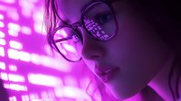 Young Asian woman in glasses illuminated by vibrant purple neon lights creating dramatic cyberpunk atmosphere with reflective lens effect and moody shadows.