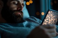 Bearded man lying in bed at night using smartphone with glowing screen, creating atmospheric bokeh effect against dark blue background.