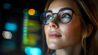 Young professional woman wearing glasses looking up thoughtfully with colorful bokeh lights in background creating inspiring atmosphere for business success.