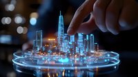Futuristic holographic city model with glowing blue elements and skyscrapers on circular platform, finger pointing at illuminated downtown district in dark room.