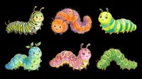 Cute cartoon caterpillars set, six colorful characters isolated on transparent background, ready for stickers, t-shirt design, clipart, and print on demand use.