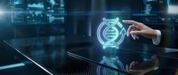 Scientist hand touching glowing DNA helix hologram on futuristic digital interface, representing genetic engineering, biotechnology research, and molecular science innovation in laboratory setting.