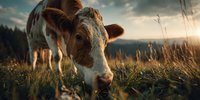 Brown and white cow grazing in meadow at sunset with dramatic sky and forest background, creating peaceful rural landscape scene.