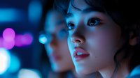 Young Asian woman illuminated by vibrant neon blue and purple lights, side profile view showing glossy lips and dreamy expression against blurred bokeh background.