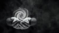 Hands cupping glowing spiral energy vortex against dark background. Concept for healing, spirituality, meditation, power, magic and mystical forces.